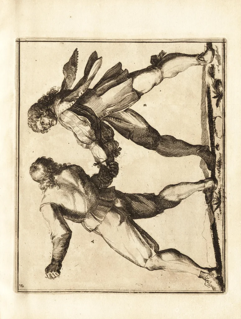 An illustration from L'academie de l'admirable art de la lutte : montrant d'une maniere très exacte non seulement la force extraordinaire de l'homme, mais aussi les mouvemens merveilleux, l'usage singulier, & les souplesses des principales parties ou membres du corps humain : avec une instruction claire & familiaire, comment on peut en toutes les occasions repousser sûrement & adroitement toutes sortes d'insultes & d'attaques, leaf 38