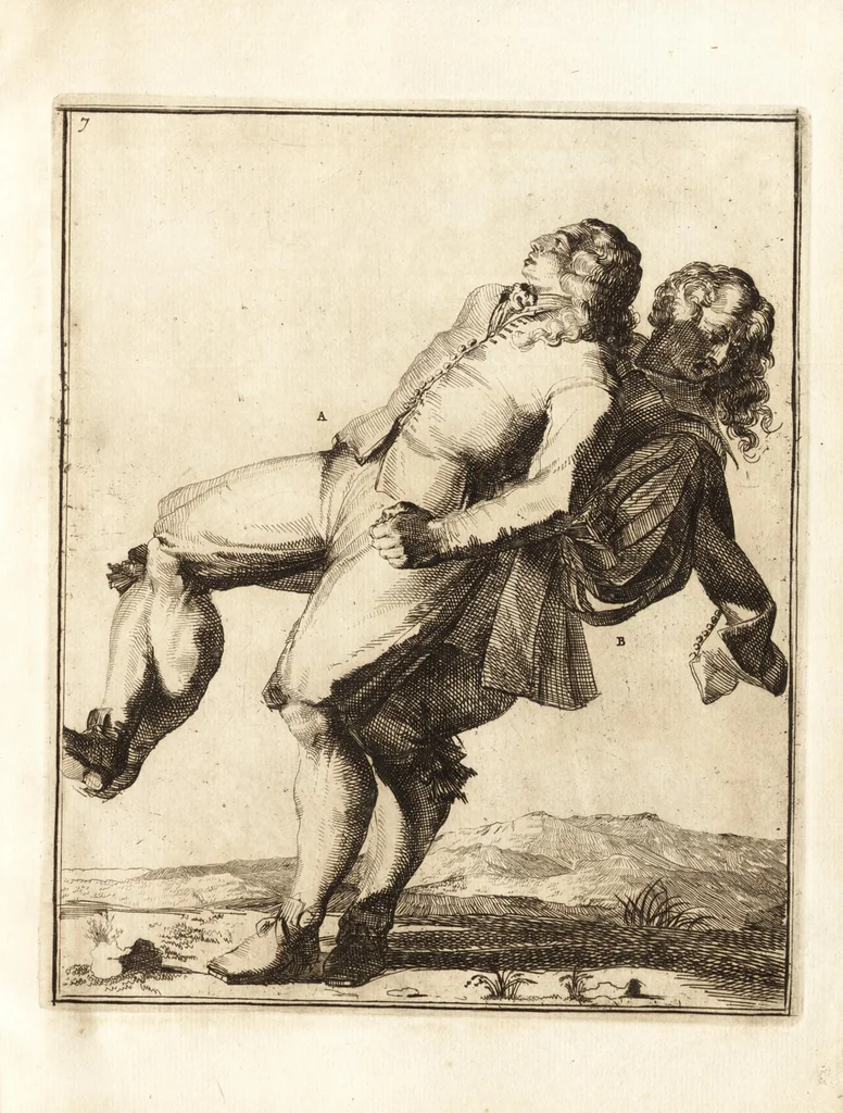 An illustration from L'academie de l'admirable art de la lutte : montrant d'une maniere très exacte non seulement la force extraordinaire de l'homme, mais aussi les mouvemens merveilleux, l'usage singulier, & les souplesses des principales parties ou membres du corps humain : avec une instruction claire & familiaire, comment on peut en toutes les occasions repousser sûrement & adroitement toutes sortes d'insultes & d'attaques, leaf 40