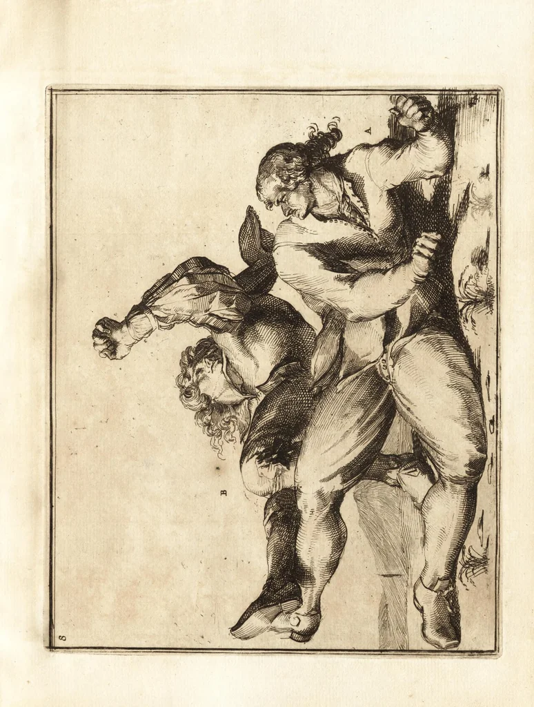 An illustration from L'academie de l'admirable art de la lutte : montrant d'une maniere très exacte non seulement la force extraordinaire de l'homme, mais aussi les mouvemens merveilleux, l'usage singulier, & les souplesses des principales parties ou membres du corps humain : avec une instruction claire & familiaire, comment on peut en toutes les occasions repousser sûrement & adroitement toutes sortes d'insultes & d'attaques, leaf 42