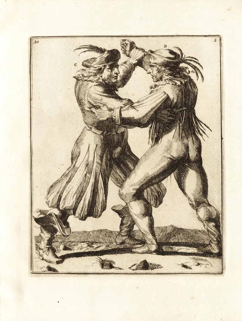 An illustration from L'academie de l'admirable art de la lutte : montrant d'une maniere très exacte non seulement la force extraordinaire de l'homme, mais aussi les mouvemens merveilleux, l'usage singulier, & les souplesses des principales parties ou membres du corps humain : avec une instruction claire & familiaire, comment on peut en toutes les occasions repousser sûrement & adroitement toutes sortes d'insultes & d'attaques, leaf 66