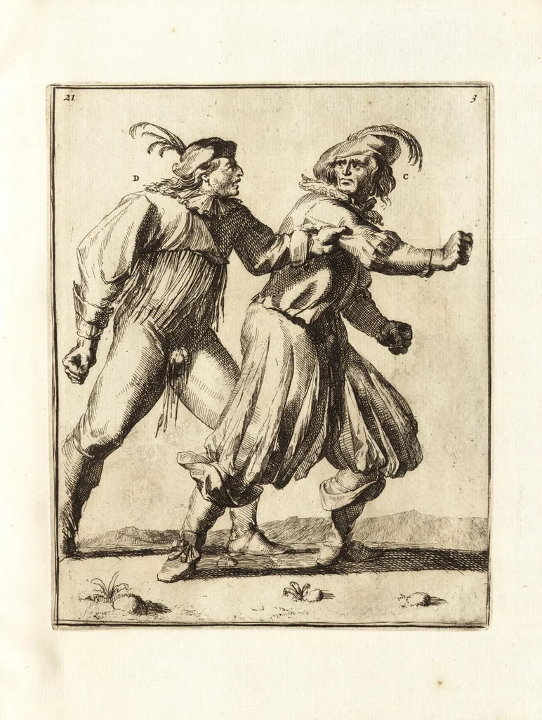 An illustration from L'academie de l'admirable art de la lutte : montrant d'une maniere très exacte non seulement la force extraordinaire de l'homme, mais aussi les mouvemens merveilleux, l'usage singulier, & les souplesses des principales parties ou membres du corps humain : avec une instruction claire & familiaire, comment on peut en toutes les occasions repousser sûrement & adroitement toutes sortes d'insultes & d'attaques, leaf 68