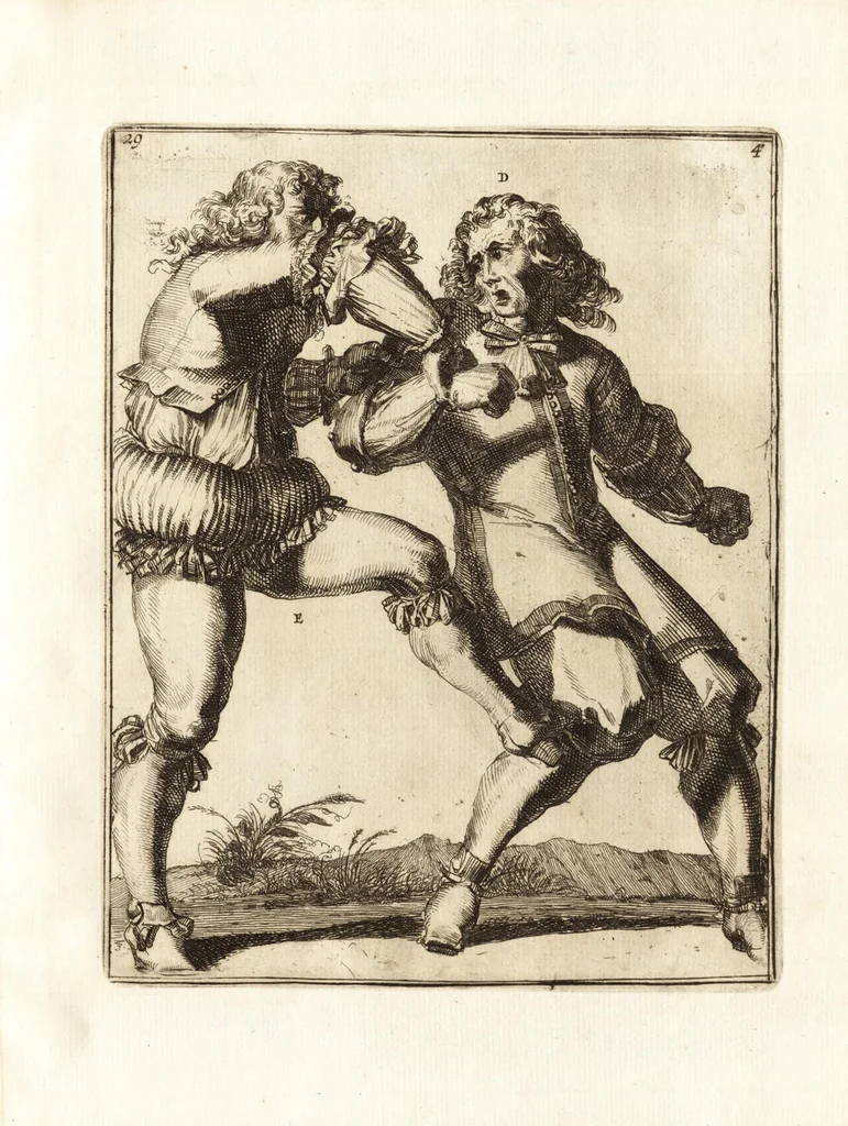 An illustration from L'academie de l'admirable art de la lutte : montrant d'une maniere très exacte non seulement la force extraordinaire de l'homme, mais aussi les mouvemens merveilleux, l'usage singulier, & les souplesses des principales parties ou membres du corps humain : avec une instruction claire & familiaire, comment on peut en toutes les occasions repousser sûrement & adroitement toutes sortes d'insultes & d'attaques, leaf 84