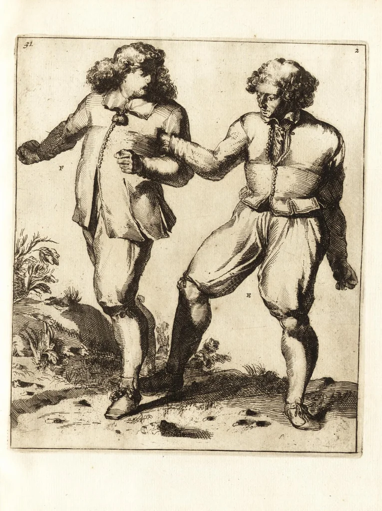 An illustration from L'academie de l'admirable art de la lutte : montrant d'une maniere très exacte non seulement la force extraordinaire de l'homme, mais aussi les mouvemens merveilleux, l'usage singulier, & les souplesses des principales parties ou membres du corps humain : avec une instruction claire & familiaire, comment on peut en toutes les occasions repousser sûrement & adroitement toutes sortes d'insultes & d'attaques, leaf 88