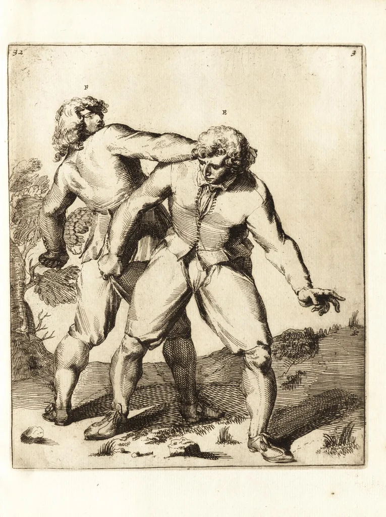 An illustration from L'academie de l'admirable art de la lutte : montrant d'une maniere très exacte non seulement la force extraordinaire de l'homme, mais aussi les mouvemens merveilleux, l'usage singulier, & les souplesses des principales parties ou membres du corps humain : avec une instruction claire & familiaire, comment on peut en toutes les occasions repousser sûrement & adroitement toutes sortes d'insultes & d'attaques, leaf 90