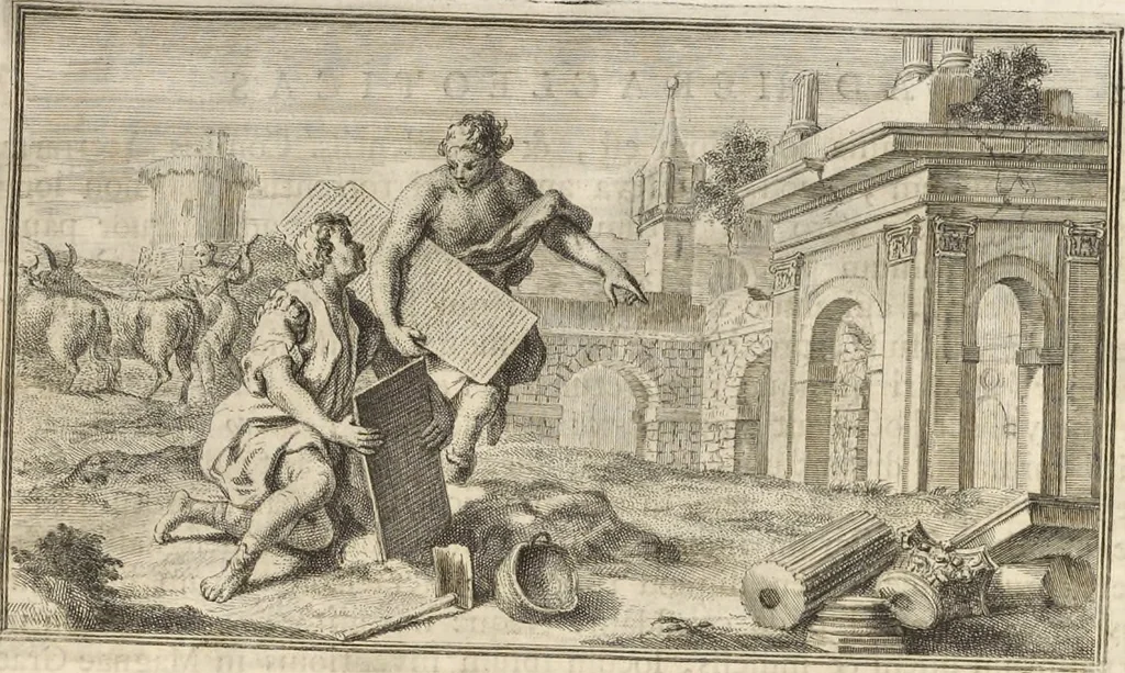 An illustration from Alexii Symmachi Mazochii Neapolit. ecclesiae canonici, regii sacrae scripturae interpretis Commentariorvm in Regii Hercvlanensis Mvsei aeneas Tabvlas heracleenses pars I[-II] .., 1754, leaf 20