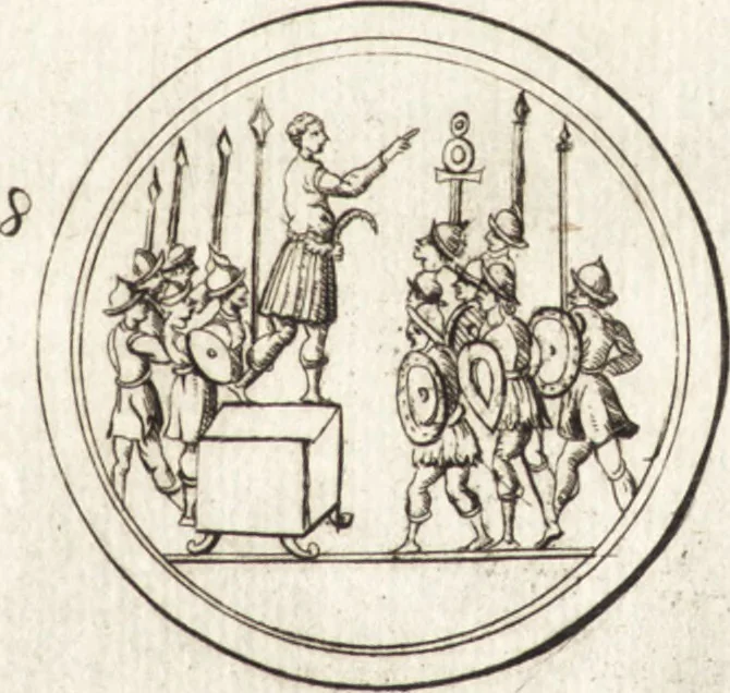 An illustration from Ammiani Marcellini Rerum gestarum qui de XXXI supersunt, libri XVIII, 1693, leaf 38