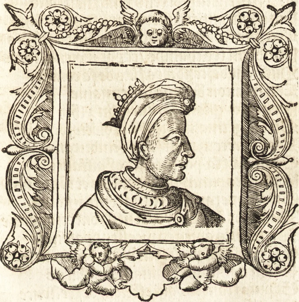 An illustration from Les anciennes et modernes genealogies des roys de France et mesment du roy Pharamond : auec leurs epitaphes et effigies .., 1527, leaf 128