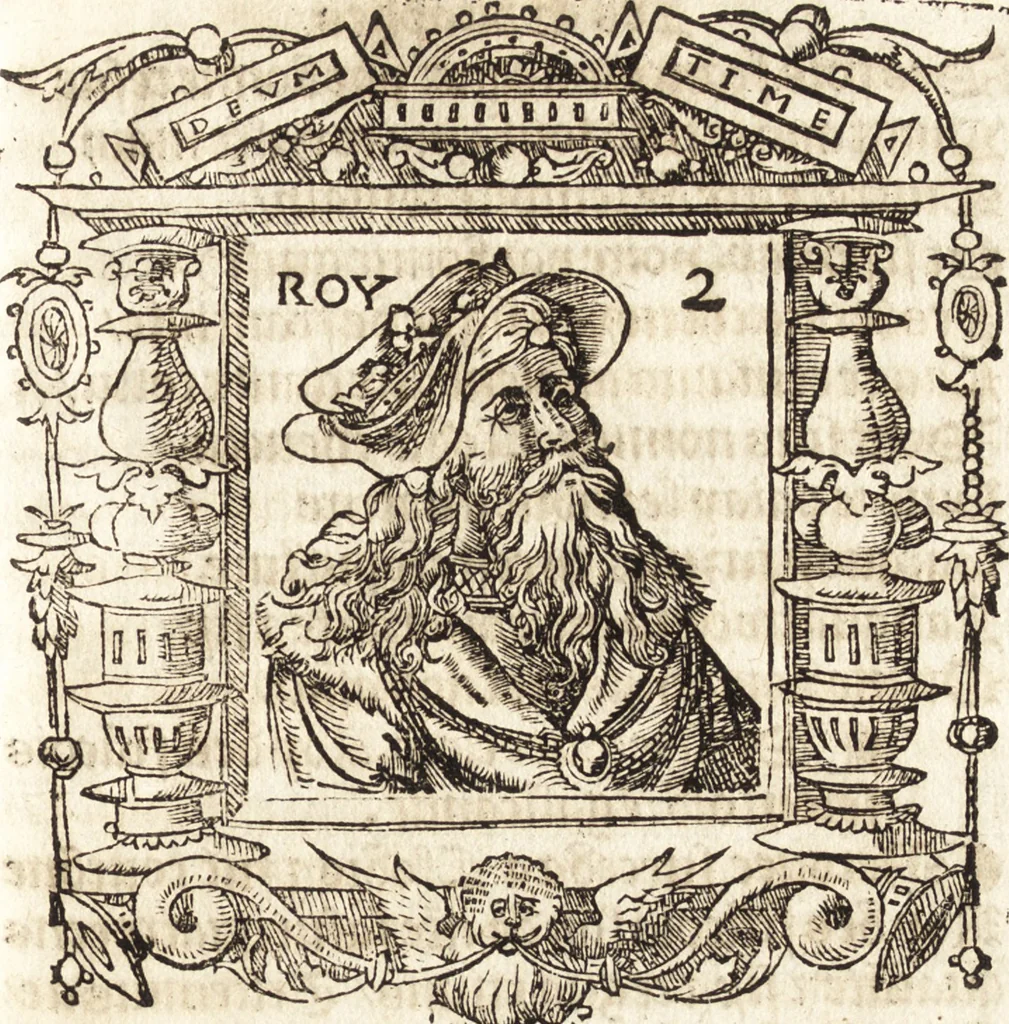 An illustration from Les anciennes et modernes genealogies des roys de France et mesment du roy Pharamond : auec leurs epitaphes et effigies .., 1527, leaf 134
