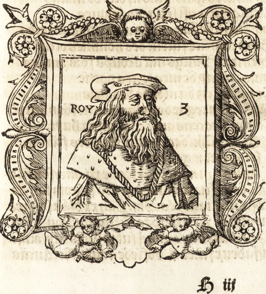 An illustration from Les anciennes et modernes genealogies des roys de France et mesment du roy Pharamond : auec leurs epitaphes et effigies .., 1527, leaf 136