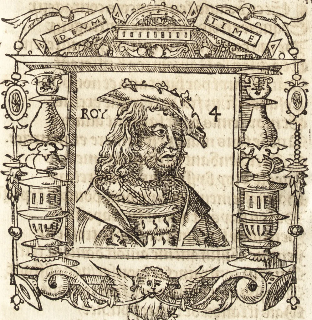 An illustration from Les anciennes et modernes genealogies des roys de France et mesment du roy Pharamond : auec leurs epitaphes et effigies .., 1527, leaf 138