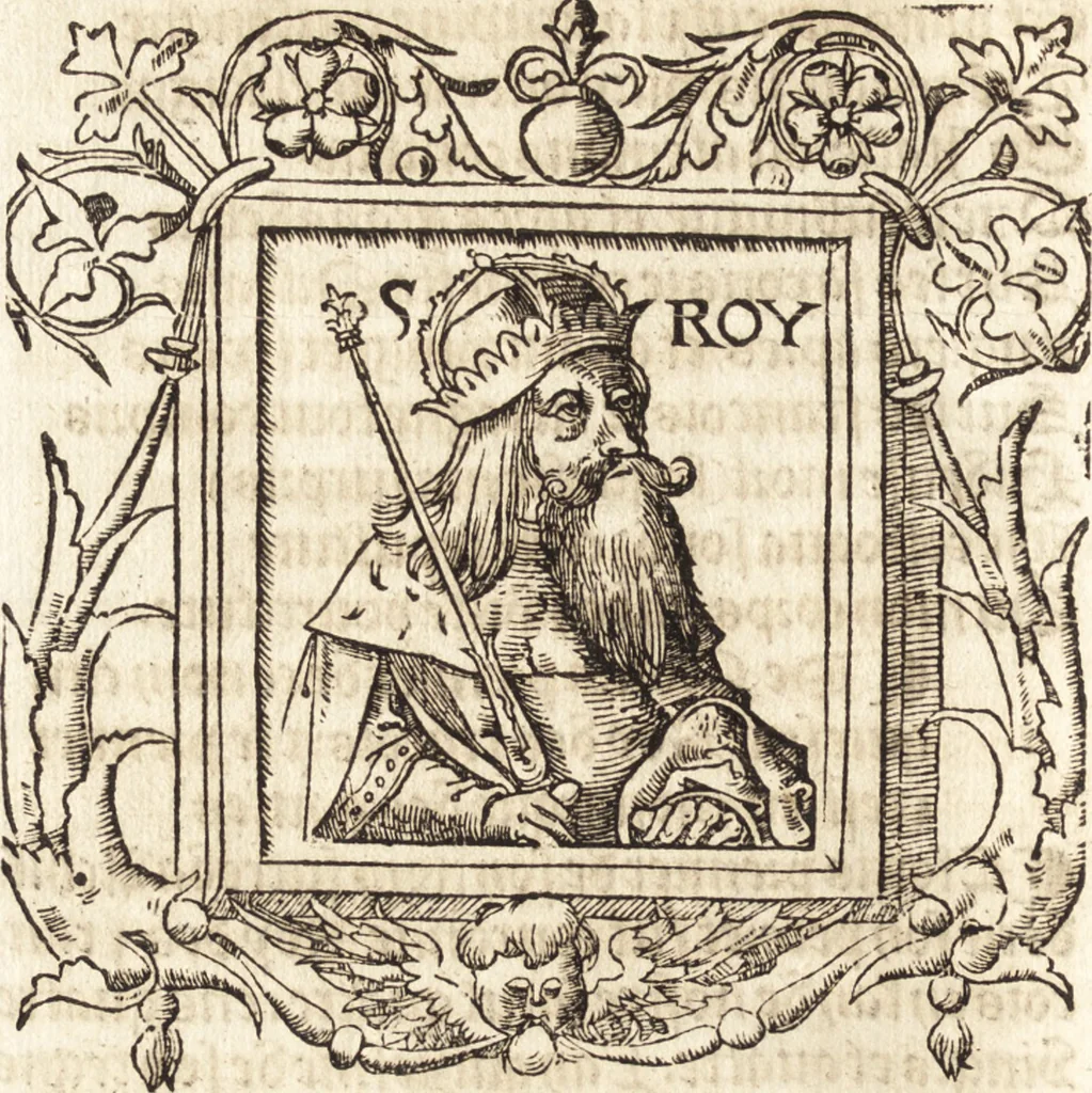 An illustration from Les anciennes et modernes genealogies des roys de France et mesment du roy Pharamond : auec leurs epitaphes et effigies .., 1527, leaf 141