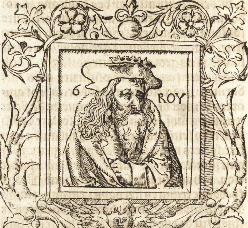 An illustration from Les anciennes et modernes genealogies des roys de France et mesment du roy Pharamond : auec leurs epitaphes et effigies .., 1527, leaf 145