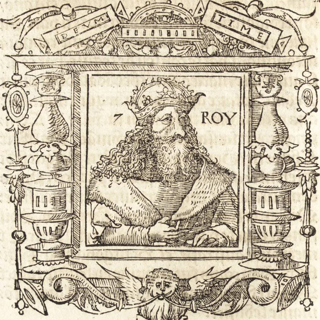 An illustration from Les anciennes et modernes genealogies des roys de France et mesment du roy Pharamond : auec leurs epitaphes et effigies .., 1527, leaf 149