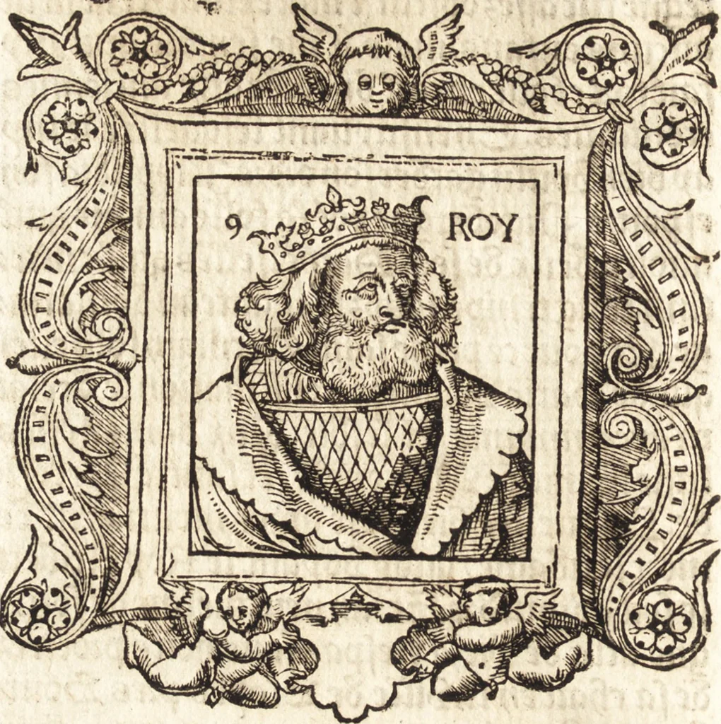 An illustration from Les anciennes et modernes genealogies des roys de France et mesment du roy Pharamond : auec leurs epitaphes et effigies .., 1527, leaf 153