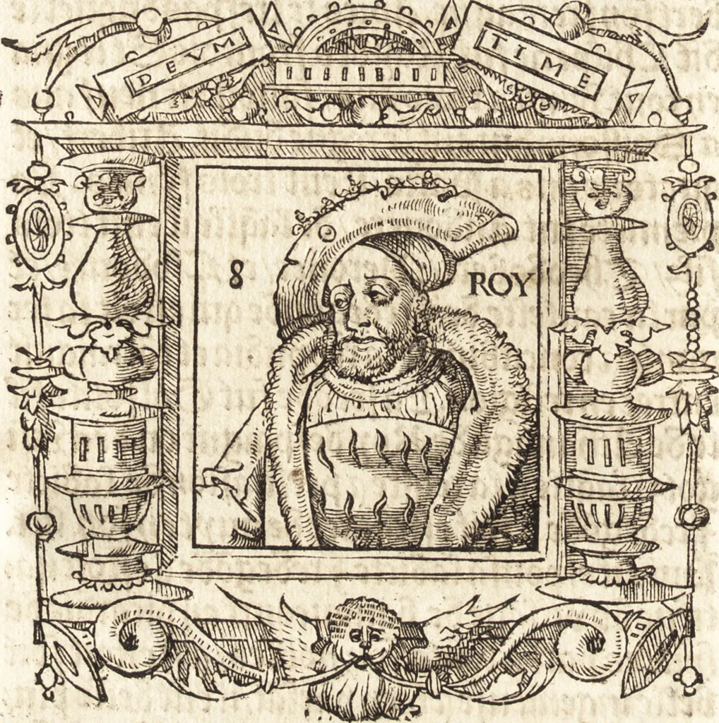 An illustration from Les anciennes et modernes genealogies des roys de France et mesment du roy Pharamond : auec leurs epitaphes et effigies .., 1527, leaf 155