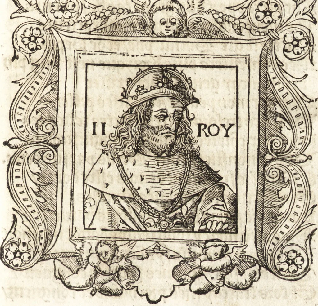 An illustration from Les anciennes et modernes genealogies des roys de France et mesment du roy Pharamond : auec leurs epitaphes et effigies .., 1527, leaf 162