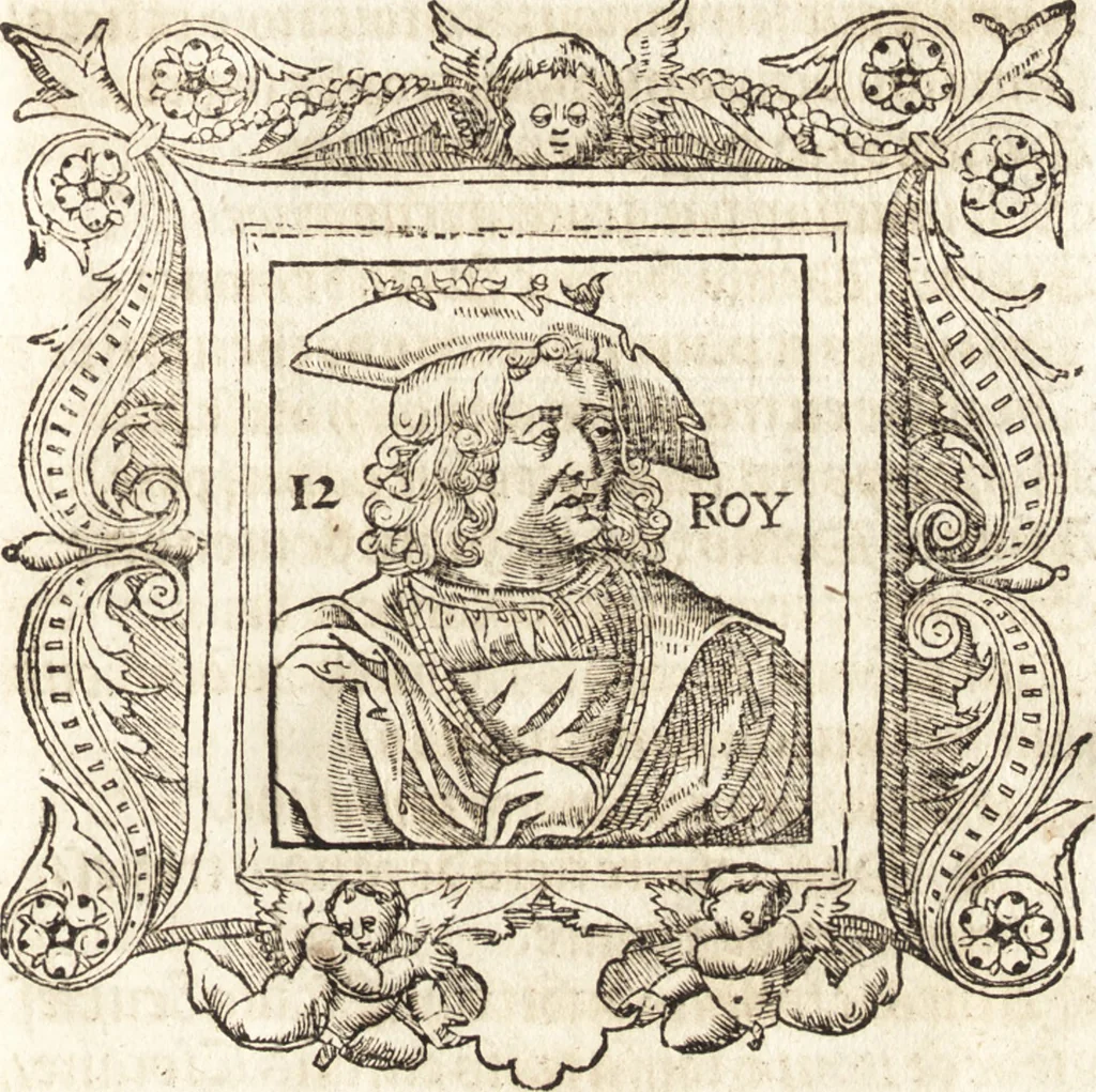 An illustration from Les anciennes et modernes genealogies des roys de France et mesment du roy Pharamond : auec leurs epitaphes et effigies .., 1527, leaf 166