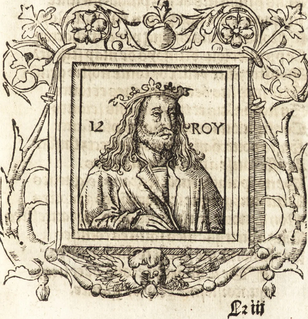 An illustration from Les anciennes et modernes genealogies des roys de France et mesment du roy Pharamond : auec leurs epitaphes et effigies .., 1527, leaf 168
