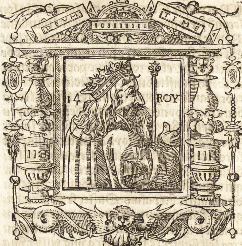 An illustration from Les anciennes et modernes genealogies des roys de France et mesment du roy Pharamond : auec leurs epitaphes et effigies .., 1527, leaf 171