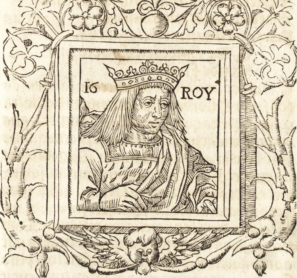 An illustration from Les anciennes et modernes genealogies des roys de France et mesment du roy Pharamond : auec leurs epitaphes et effigies .., 1527, leaf 176