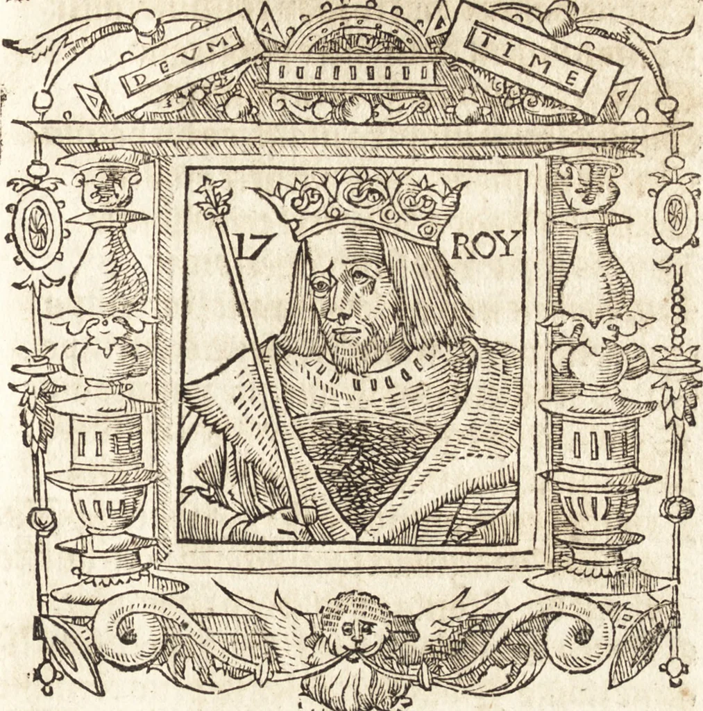 An illustration from Les anciennes et modernes genealogies des roys de France et mesment du roy Pharamond : auec leurs epitaphes et effigies .., 1527, leaf 178