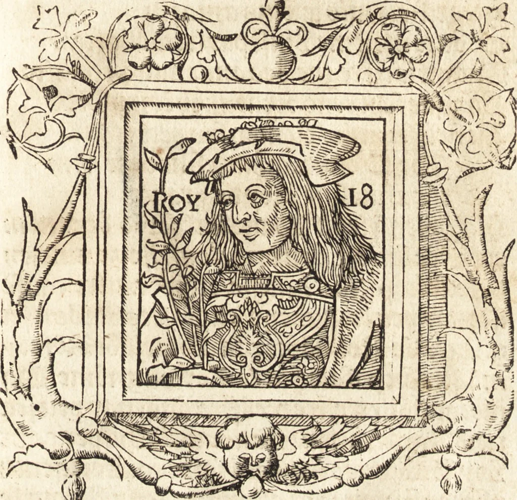 An illustration from Les anciennes et modernes genealogies des roys de France et mesment du roy Pharamond : auec leurs epitaphes et effigies .., 1527, leaf 180