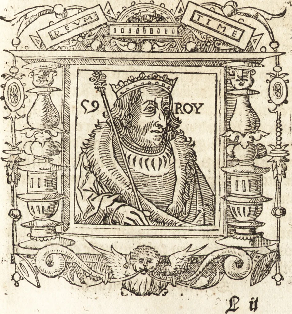 An illustration from Les anciennes et modernes genealogies des roys de France et mesment du roy Pharamond : auec leurs epitaphes et effigies .., 1527, leaf 182