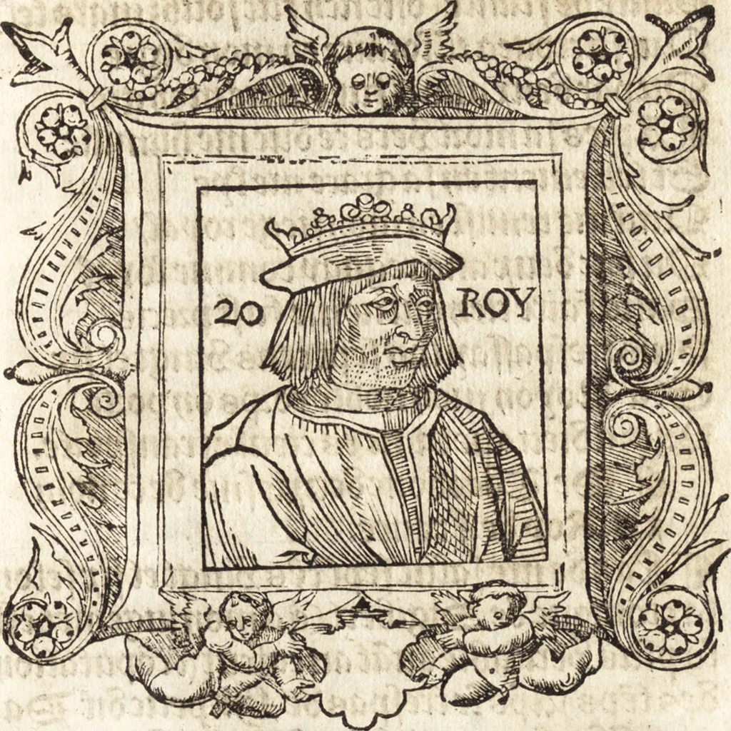 An illustration from Les anciennes et modernes genealogies des roys de France et mesment du roy Pharamond : auec leurs epitaphes et effigies .., 1527, leaf 184