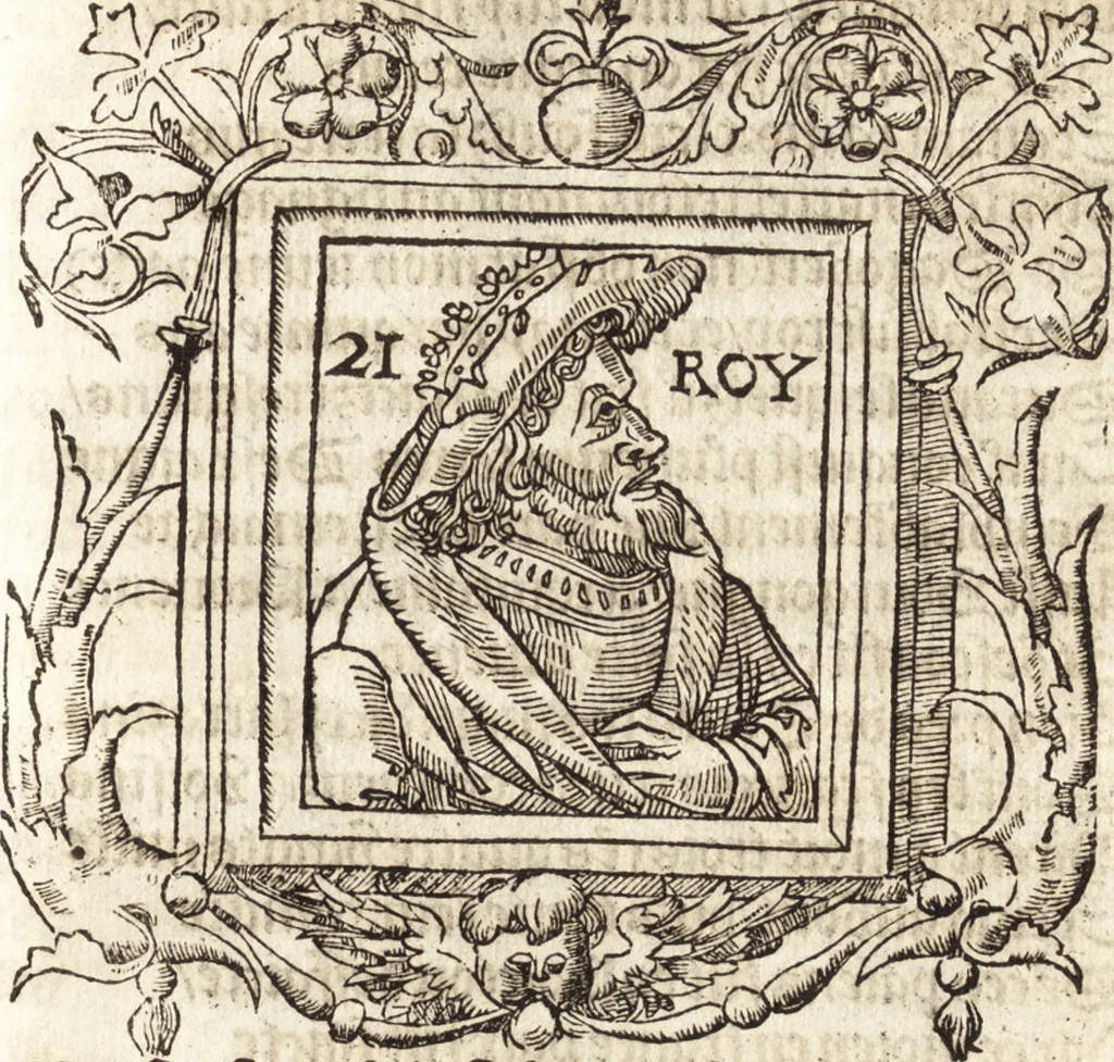 An illustration from Les anciennes et modernes genealogies des roys de France et mesment du roy Pharamond : auec leurs epitaphes et effigies .., 1527, leaf 186