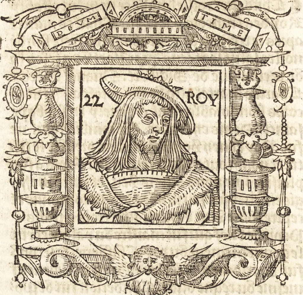An illustration from Les anciennes et modernes genealogies des roys de France et mesment du roy Pharamond : auec leurs epitaphes et effigies .., 1527, leaf 189
