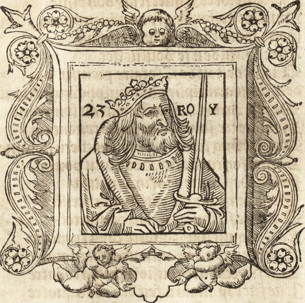 An illustration from Les anciennes et modernes genealogies des roys de France et mesment du roy Pharamond : auec leurs epitaphes et effigies .., 1527, leaf 196