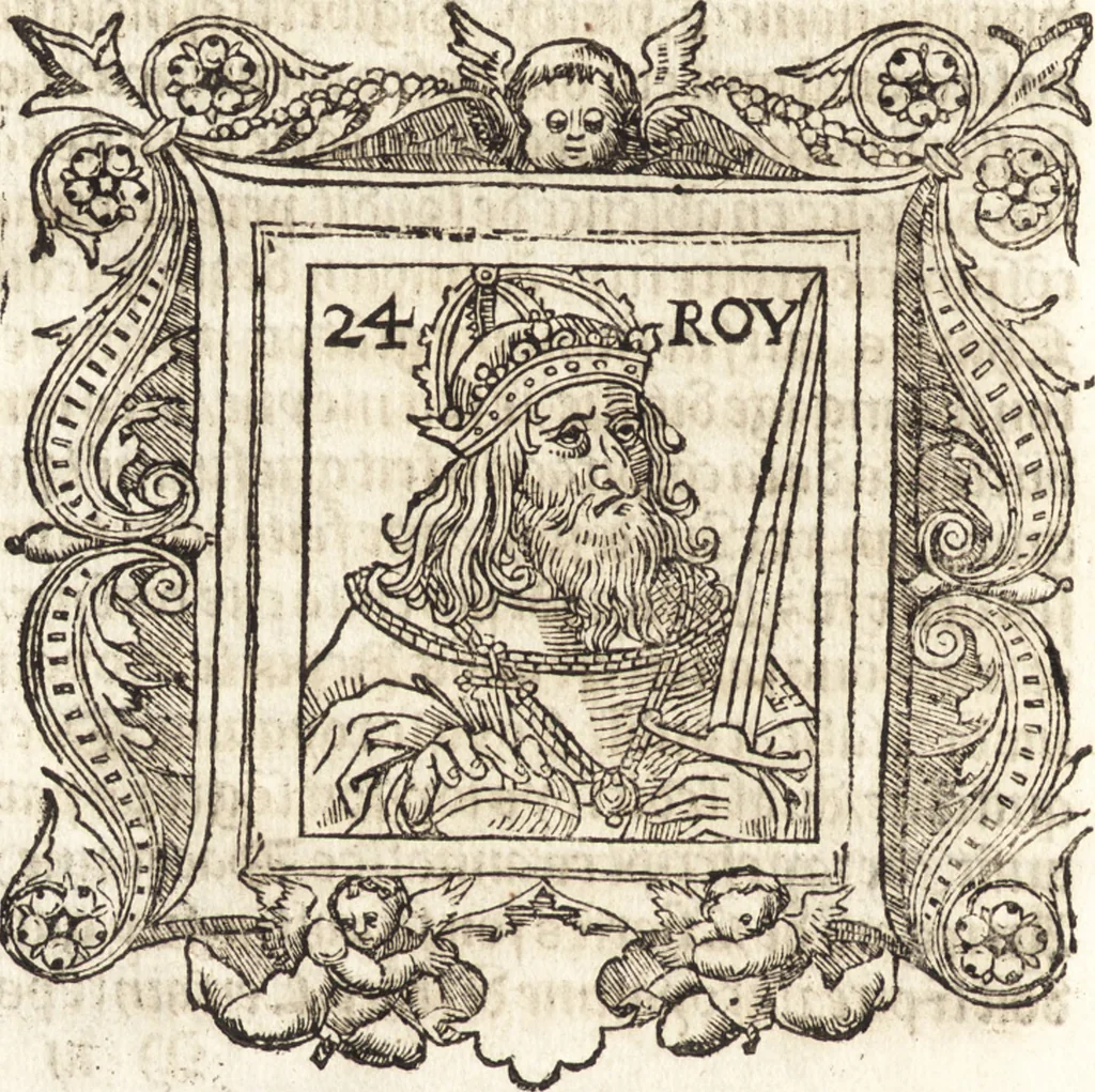 An illustration from Les anciennes et modernes genealogies des roys de France et mesment du roy Pharamond : auec leurs epitaphes et effigies .., 1527, leaf 201