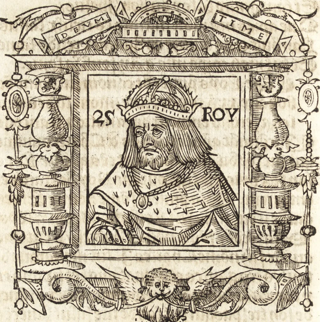 An illustration from Les anciennes et modernes genealogies des roys de France et mesment du roy Pharamond : auec leurs epitaphes et effigies .., 1527, leaf 207
