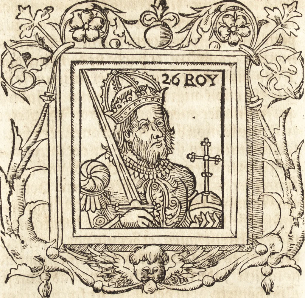 An illustration from Les anciennes et modernes genealogies des roys de France et mesment du roy Pharamond : auec leurs epitaphes et effigies .., 1527, leaf 213