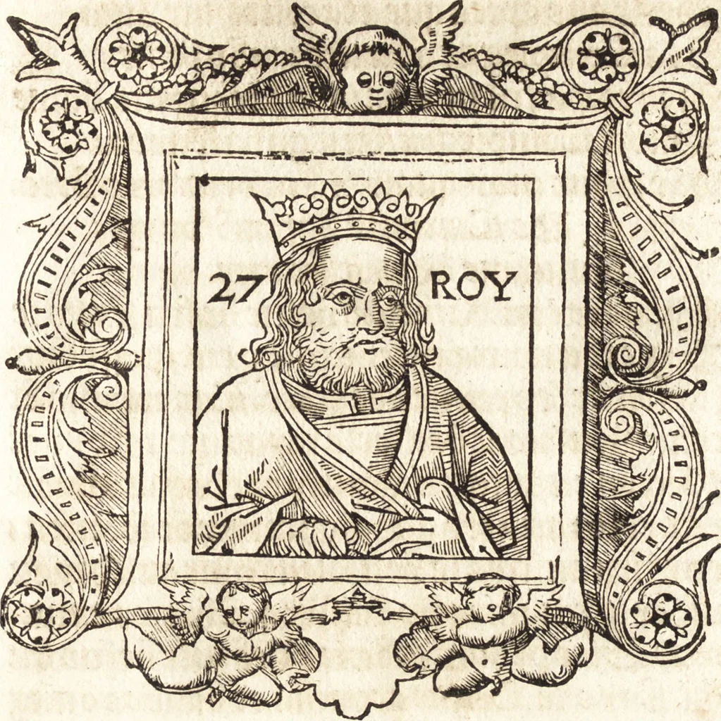 An illustration from Les anciennes et modernes genealogies des roys de France et mesment du roy Pharamond : auec leurs epitaphes et effigies .., 1527, leaf 216