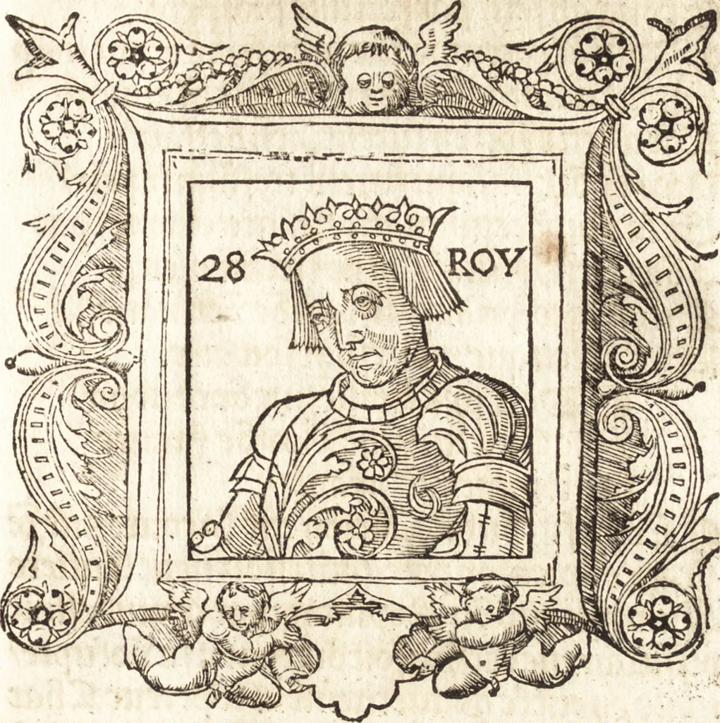 An illustration from Les anciennes et modernes genealogies des roys de France et mesment du roy Pharamond : auec leurs epitaphes et effigies .., 1527, leaf 218