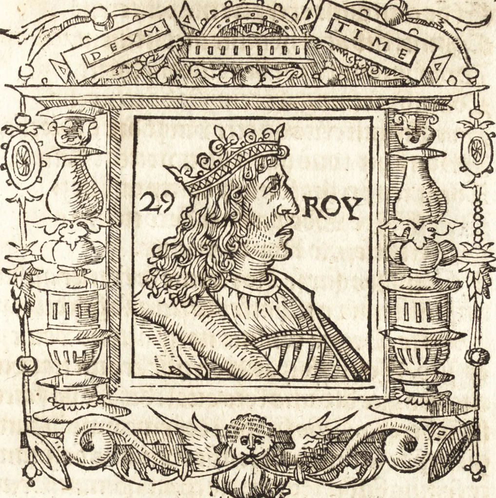 An illustration from Les anciennes et modernes genealogies des roys de France et mesment du roy Pharamond : auec leurs epitaphes et effigies .., 1527, leaf 220