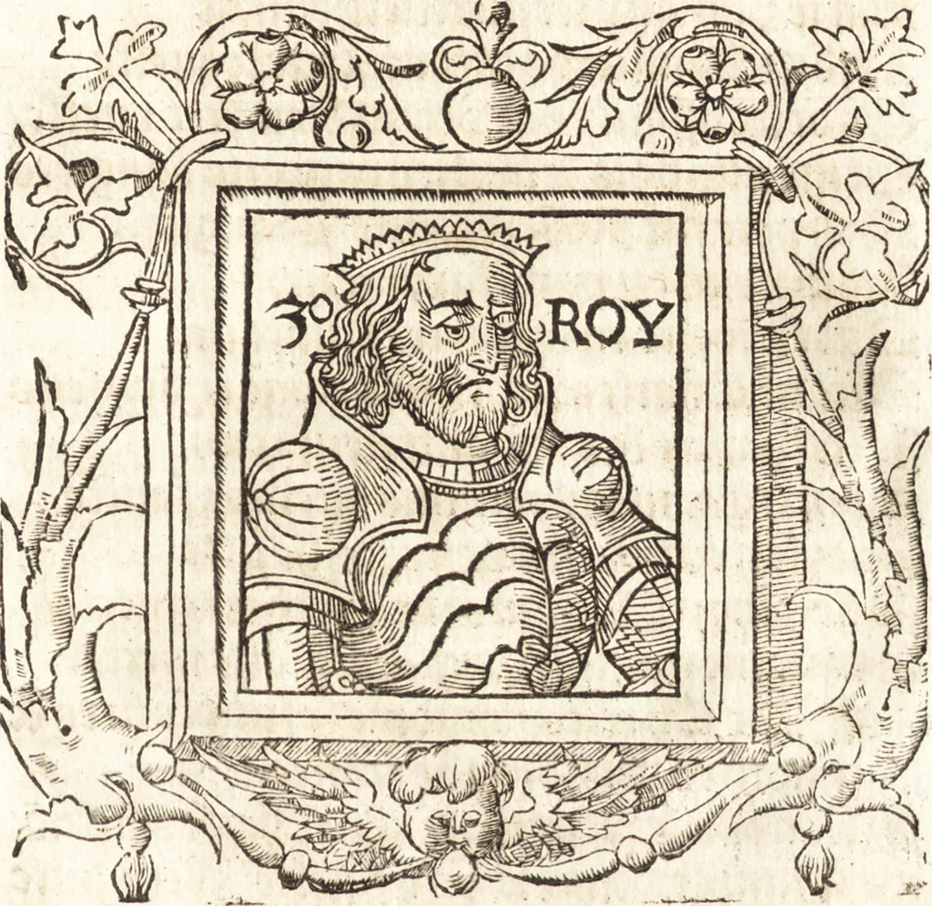 An illustration from Les anciennes et modernes genealogies des roys de France et mesment du roy Pharamond : auec leurs epitaphes et effigies .., 1527, leaf 222