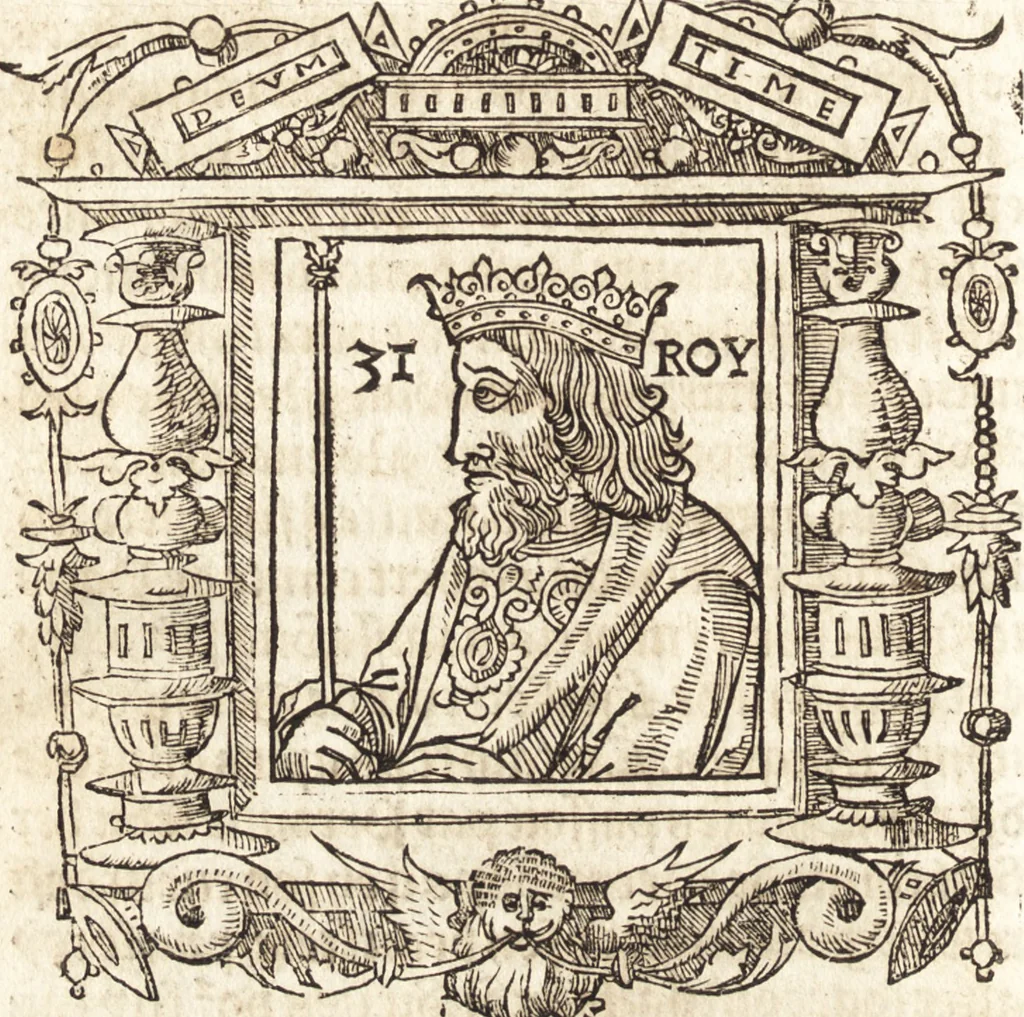 An illustration from Les anciennes et modernes genealogies des roys de France et mesment du roy Pharamond : auec leurs epitaphes et effigies .., 1527, leaf 225