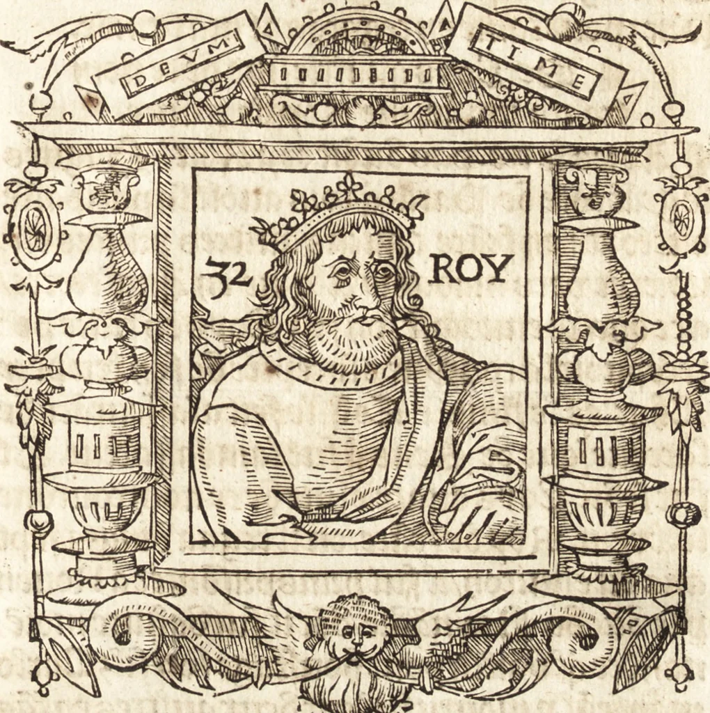 An illustration from Les anciennes et modernes genealogies des roys de France et mesment du roy Pharamond : auec leurs epitaphes et effigies .., 1527, leaf 228