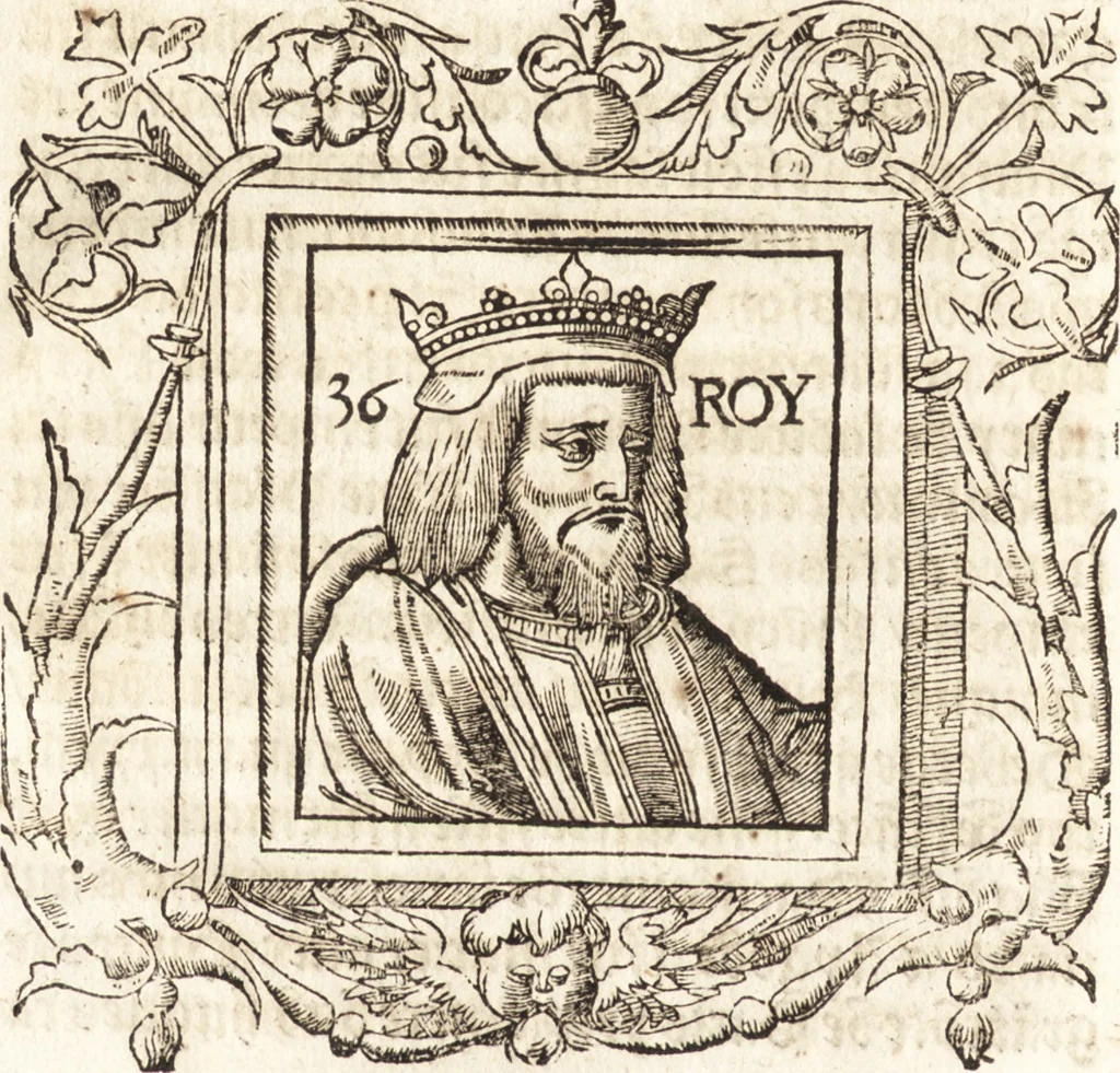 An illustration from Les anciennes et modernes genealogies des roys de France et mesment du roy Pharamond : auec leurs epitaphes et effigies .., 1527, leaf 241