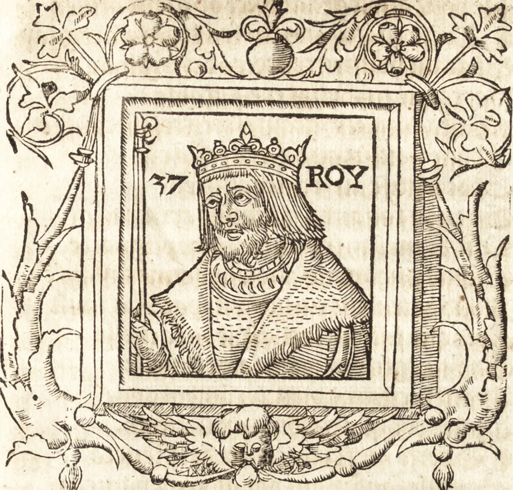 An illustration from Les anciennes et modernes genealogies des roys de France et mesment du roy Pharamond : auec leurs epitaphes et effigies .., 1527, leaf 246