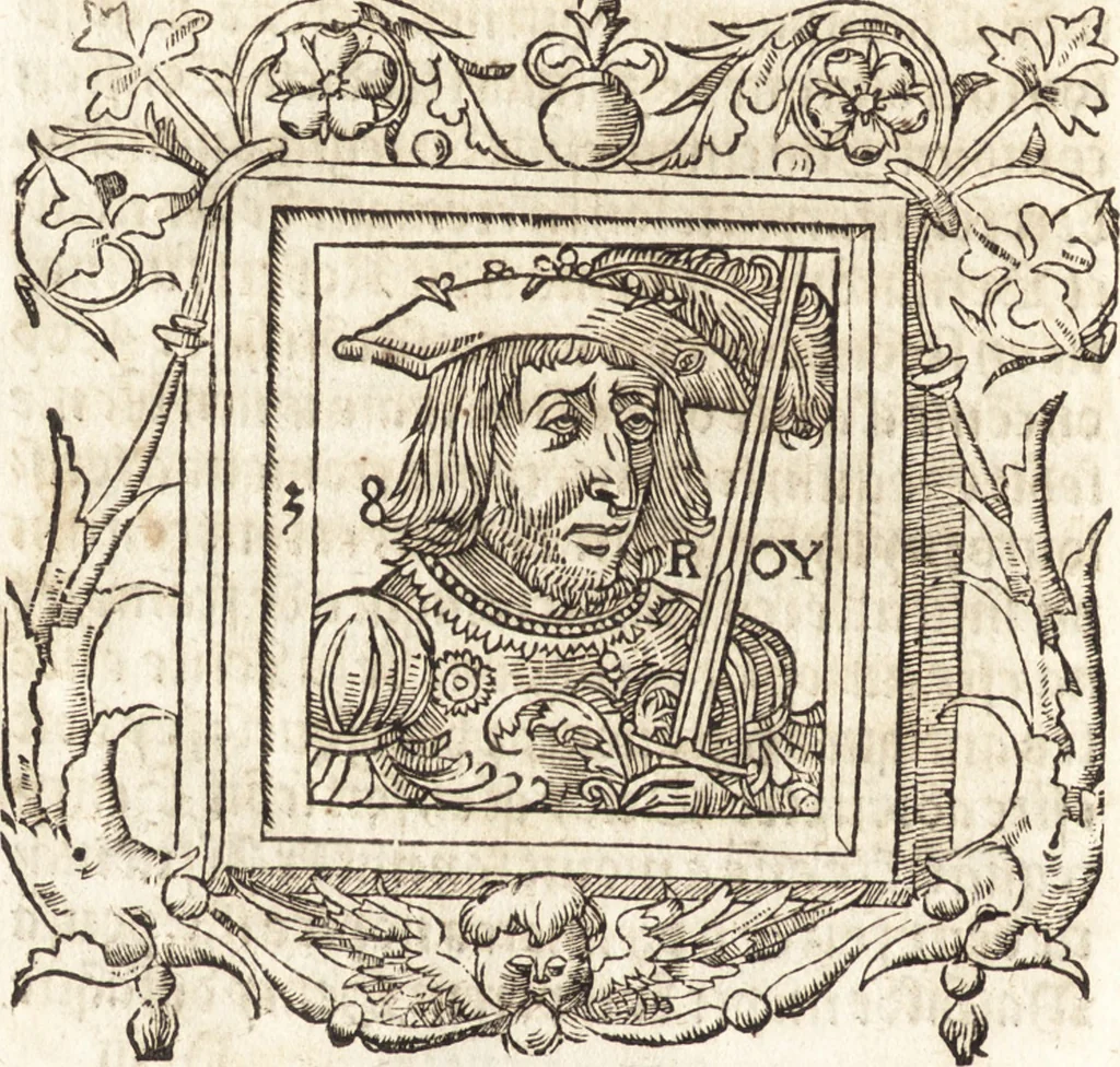 An illustration from Les anciennes et modernes genealogies des roys de France et mesment du roy Pharamond : auec leurs epitaphes et effigies .., 1527, leaf 249