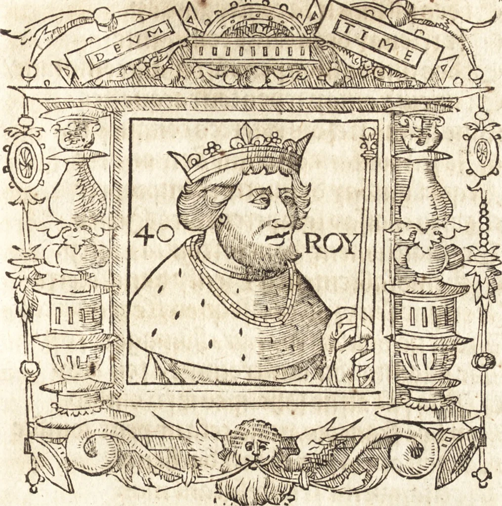 An illustration from Les anciennes et modernes genealogies des roys de France et mesment du roy Pharamond : auec leurs epitaphes et effigies .., 1527, leaf 256