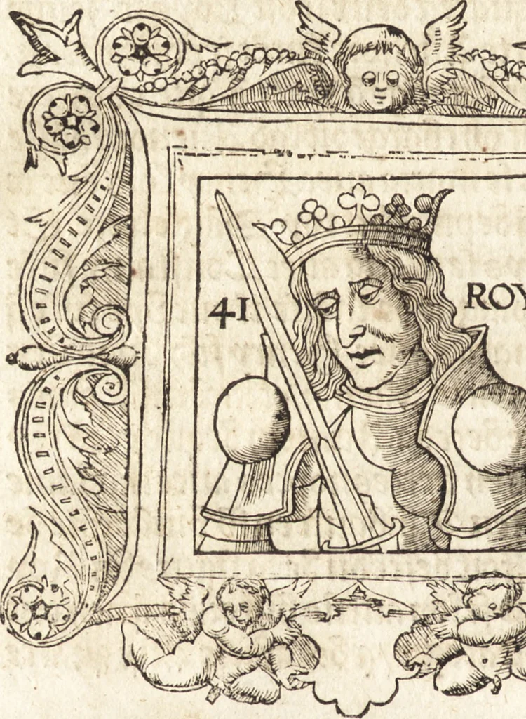 An illustration from Les anciennes et modernes genealogies des roys de France et mesment du roy Pharamond : auec leurs epitaphes et effigies .., 1527, leaf 259