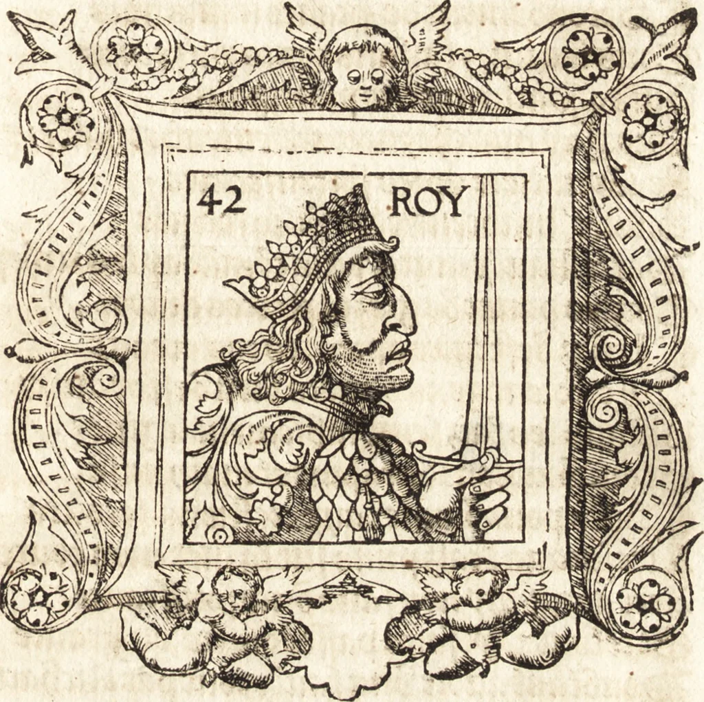 An illustration from Les anciennes et modernes genealogies des roys de France et mesment du roy Pharamond : auec leurs epitaphes et effigies .., 1527, leaf 264