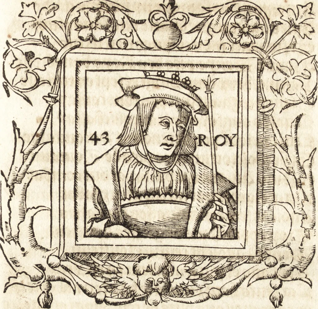An illustration from Les anciennes et modernes genealogies des roys de France et mesment du roy Pharamond : auec leurs epitaphes et effigies .., 1527, leaf 268
