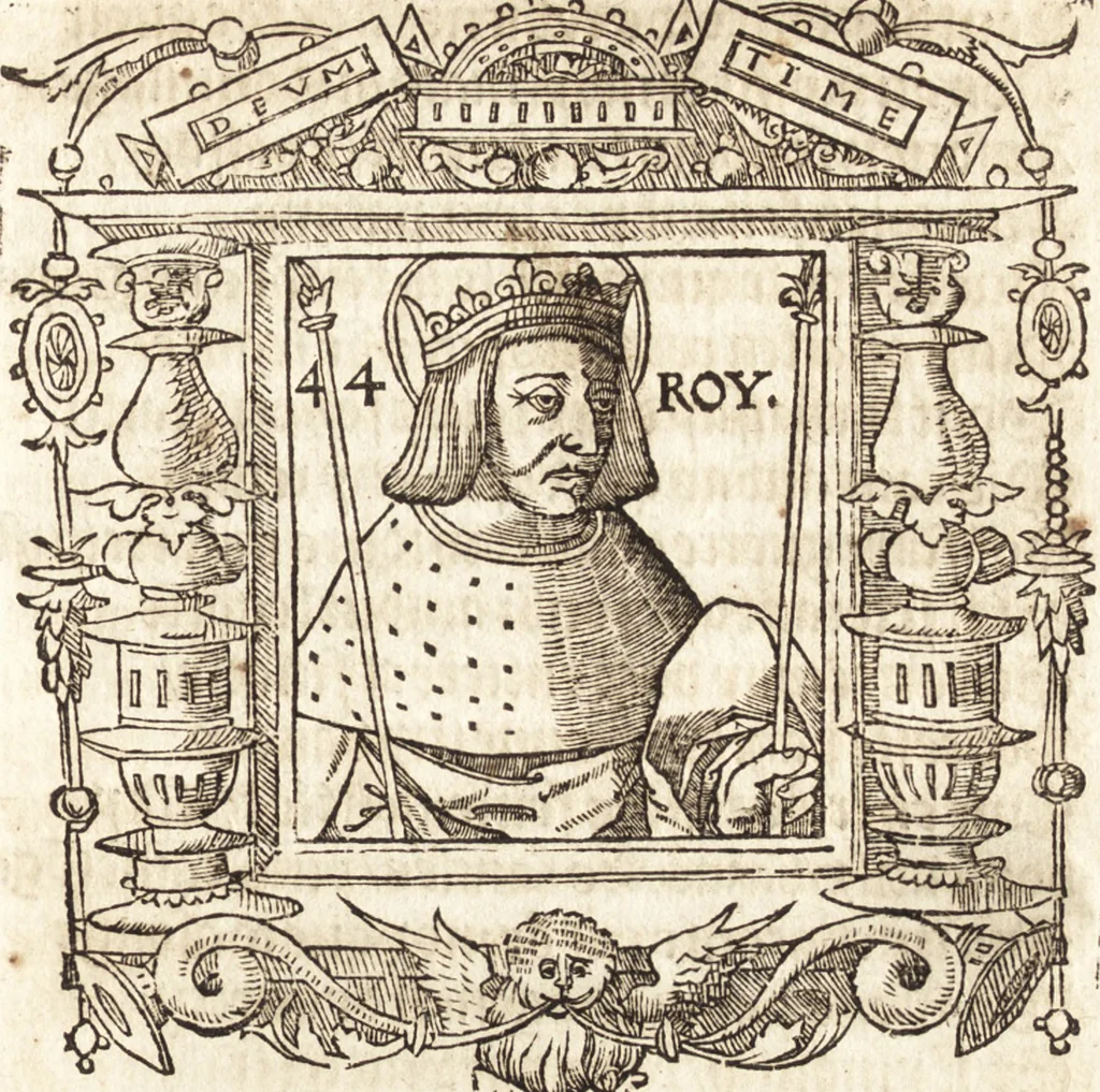 An illustration from Les anciennes et modernes genealogies des roys de France et mesment du roy Pharamond : auec leurs epitaphes et effigies .., 1527, leaf 274