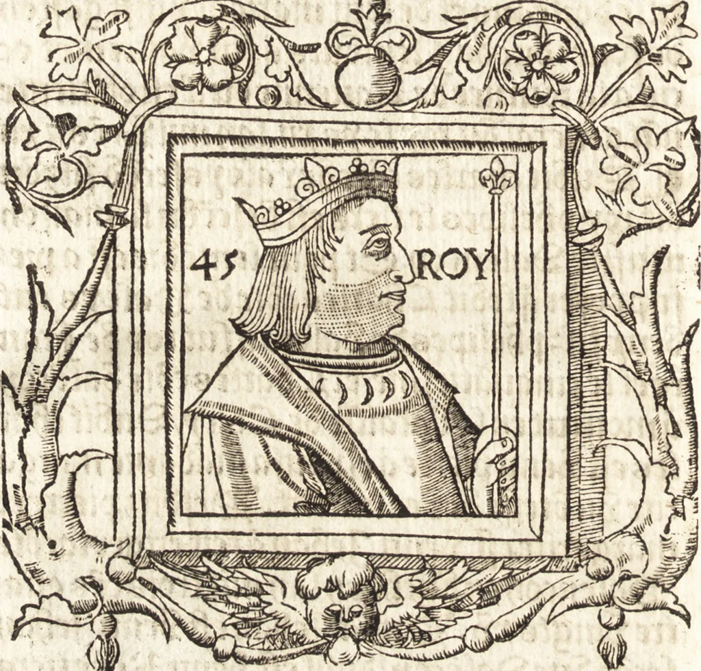 An illustration from Les anciennes et modernes genealogies des roys de France et mesment du roy Pharamond : auec leurs epitaphes et effigies .., 1527, leaf 281