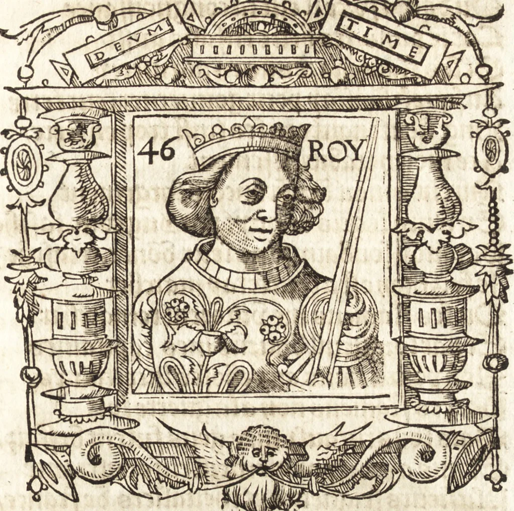 An illustration from Les anciennes et modernes genealogies des roys de France et mesment du roy Pharamond : auec leurs epitaphes et effigies .., 1527, leaf 284
